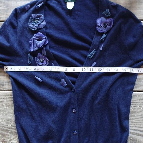 J Crew Cardigan Sweater Womens Small Navy Purple Floral Applique Beaded Thin - Picture 5 of 7